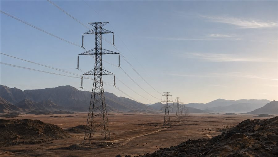 High-voltage transmission lines crossing a desert landscape